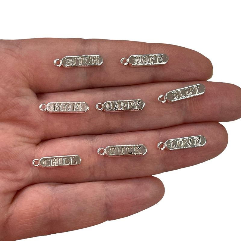 Silver Plated Brass Pill Bar Words Pendant, Words Charms, Love, Chill, Hope,Happy, Mom Charms