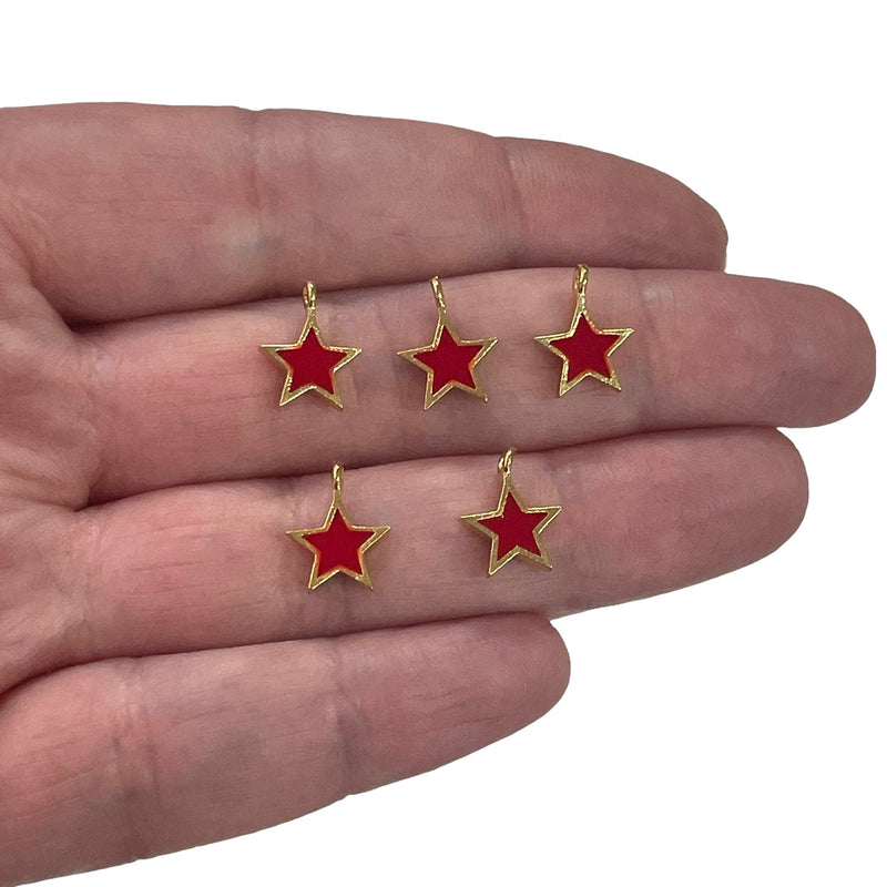 24Kt Gold Plated Red Enamelled Star Charms, 5 Pcs in a Pack