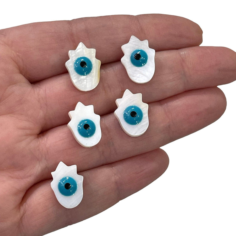 Mother Of Pearl Natural Hamsa Beads With Evil Eye, Holes Through Top, 5 Beads in a pack