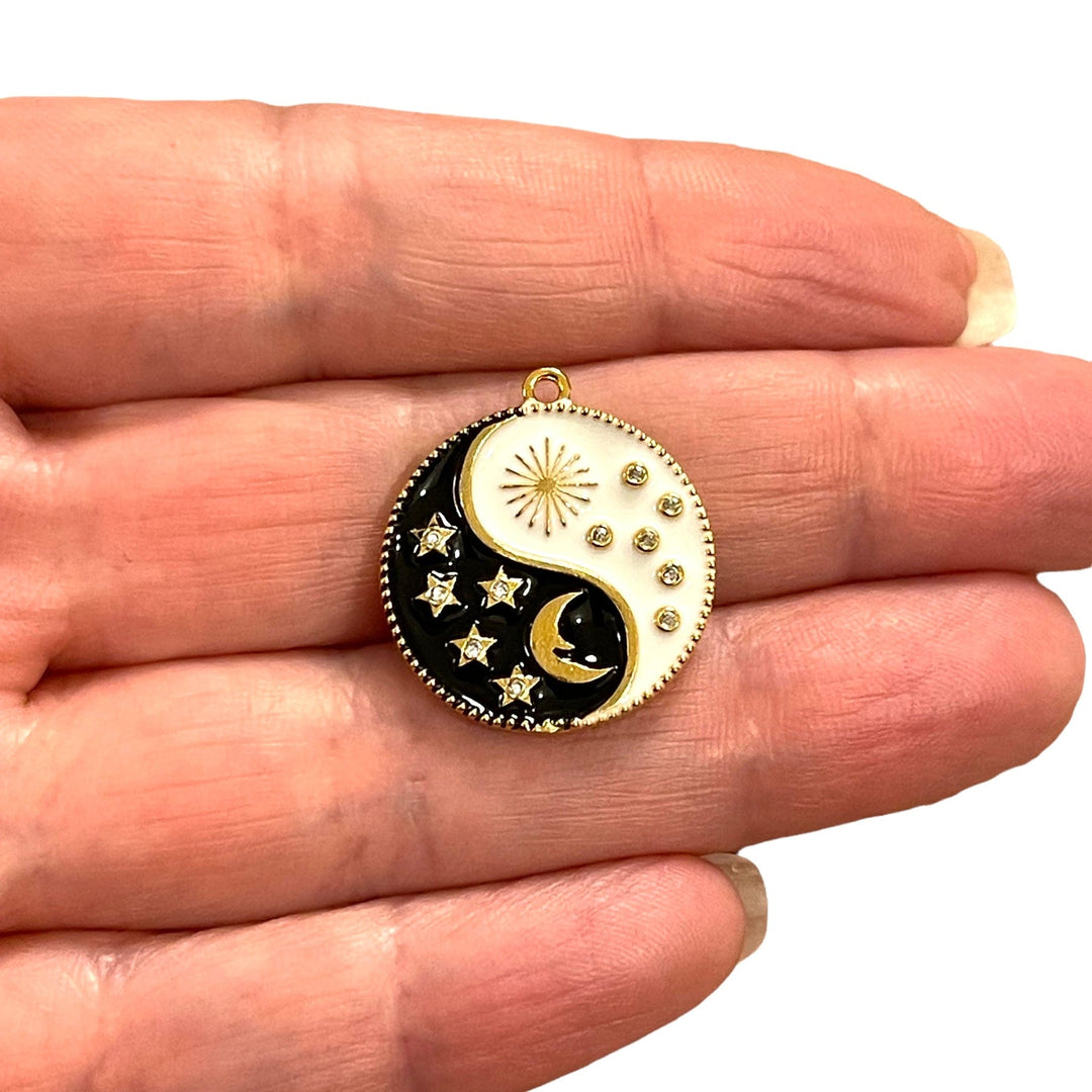 24Kt Gold Plated Day&amp;Night Enamelled Charm, Black and White Yin Yang Charm With CZ Micro pave