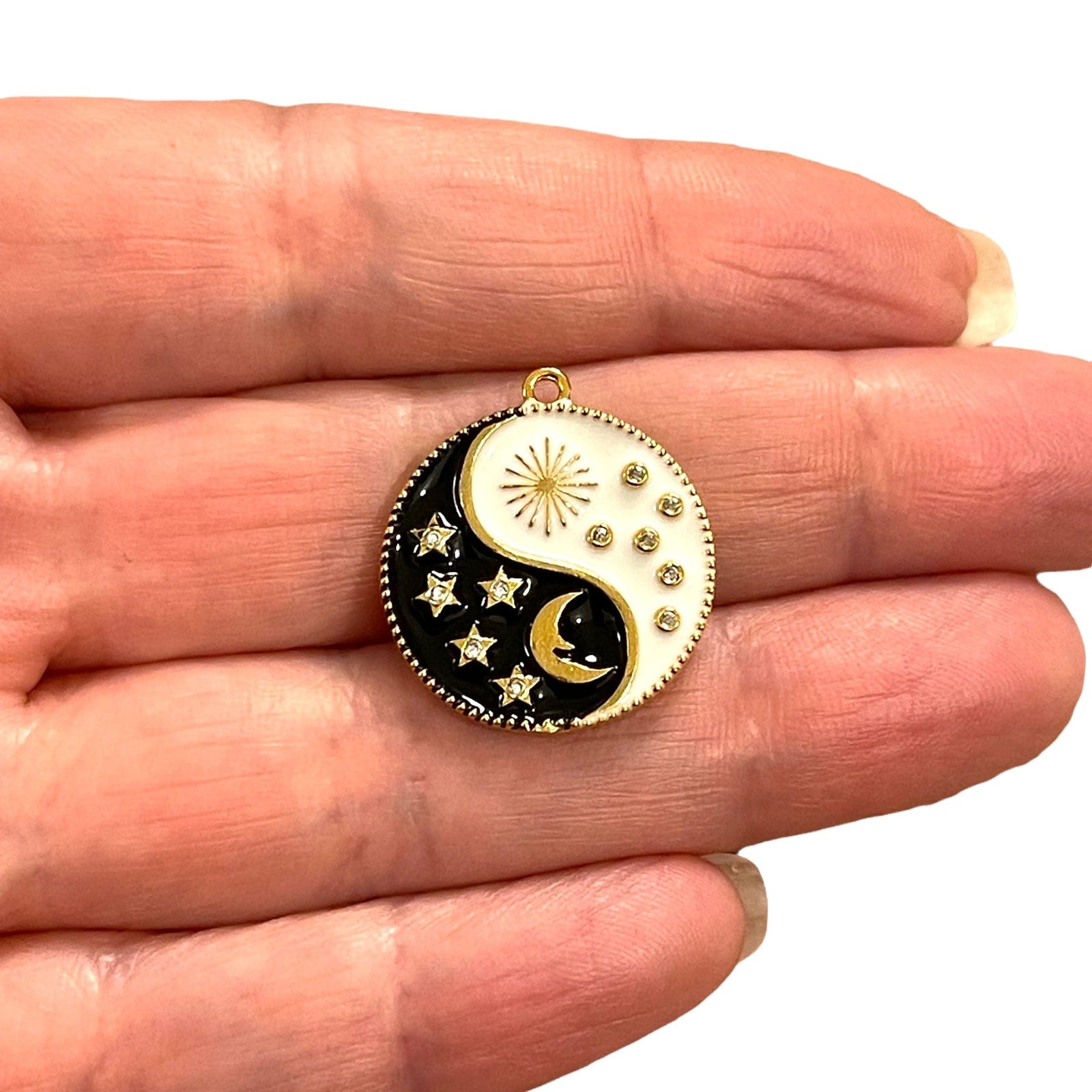 24Kt Gold Plated Day&Night Enamelled Charm, Black and White Yin Yang Charm With CZ Micro pave