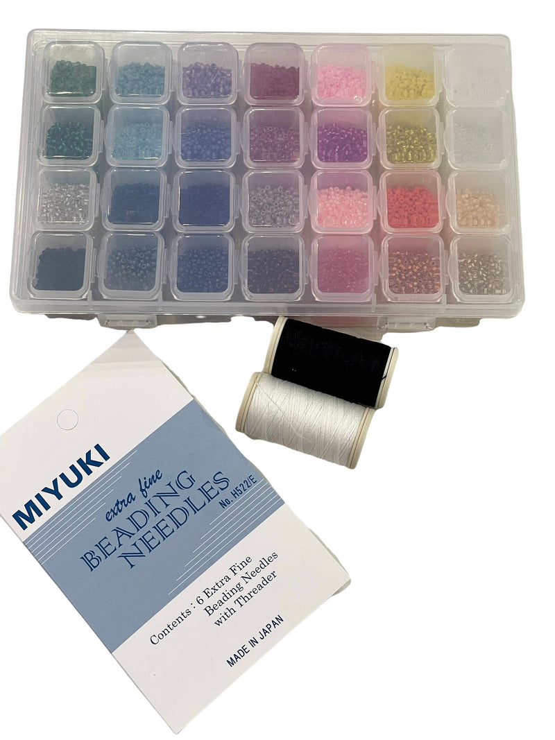 Kit de démarrage de perles de rocaille Miyuki, 28 couleurs 280 Gr 11/0 perles de rocaille rondes, aiguille, fil, récipient