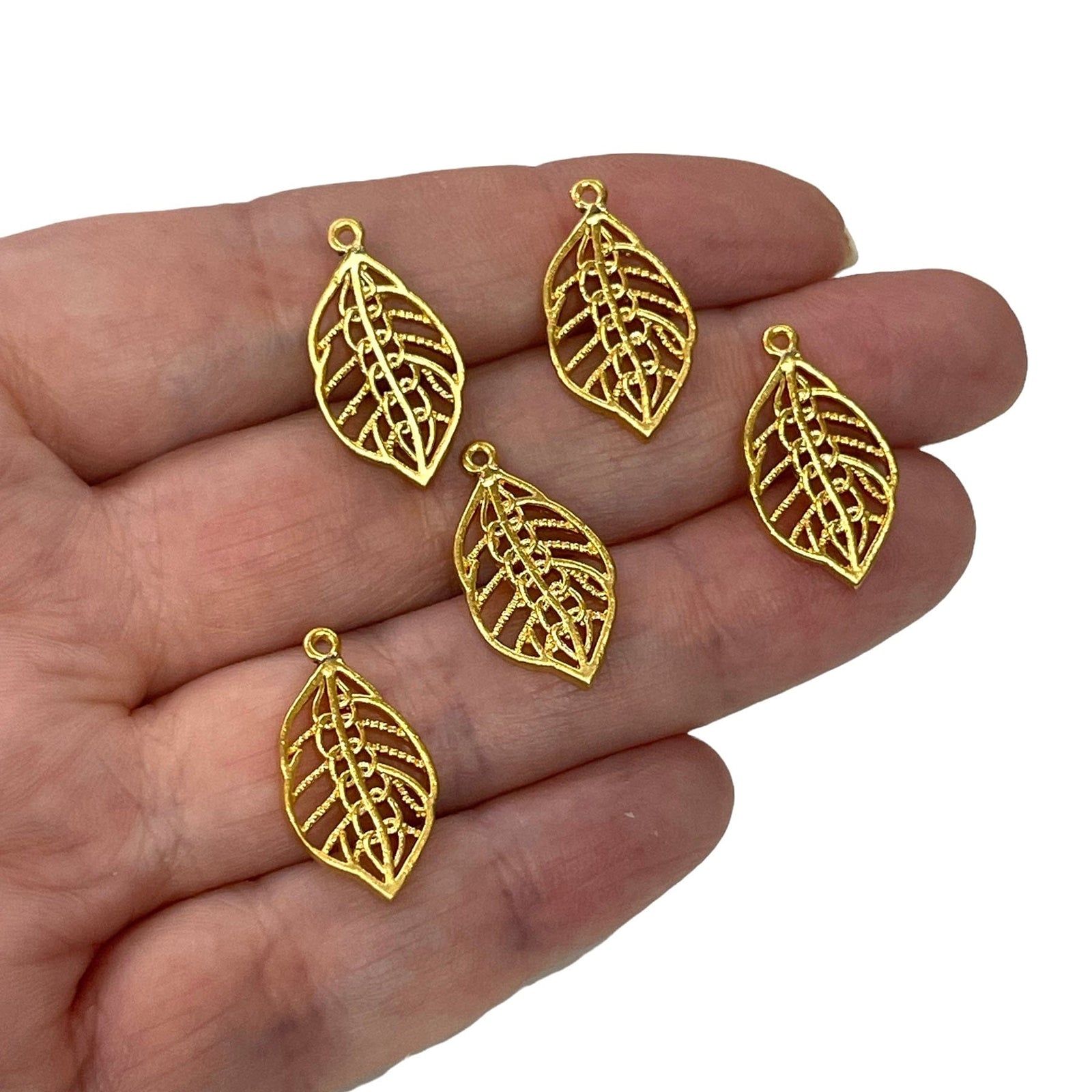 24Kt Matte Gold Plated 15mm Brass Leaf Charms, 5 pcs in a pack