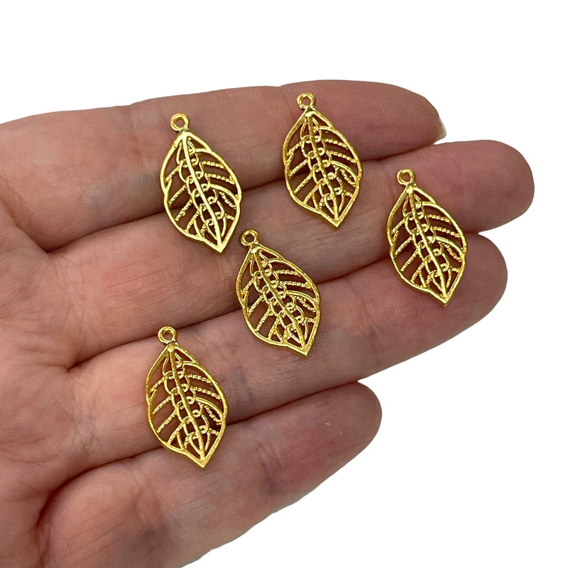 24Kt Matte Gold Plated 15mm Brass Leaf Charms,  5 pcs in a pack