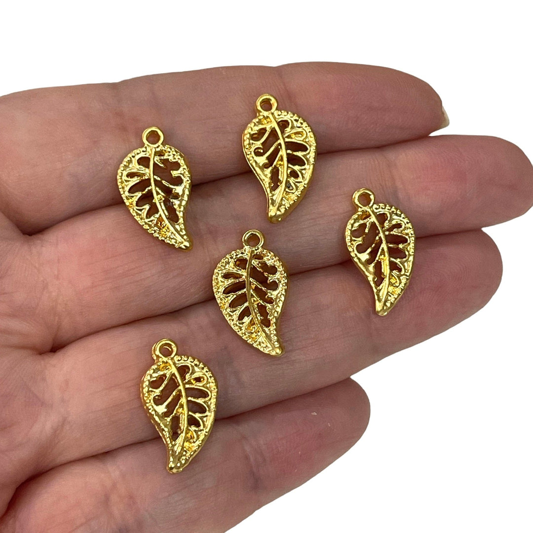 24Kt Matte Gold Plated 18mm Brass Leaf Charms, 5 pcs in a pack