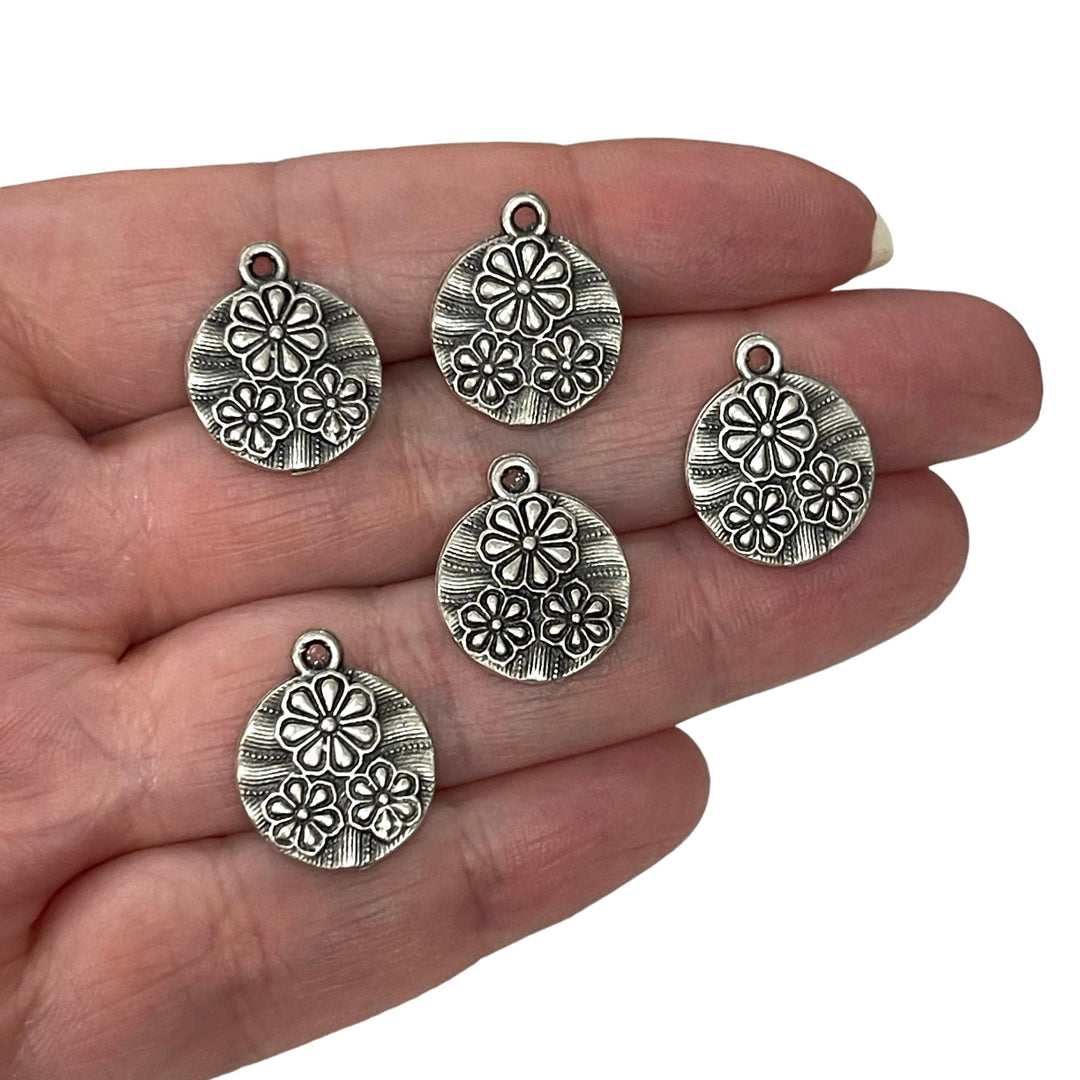 Antique Silver Plated Daisy Coin Charms , Silver Plated Daisy Coin Charms , 5 pieces in a pack,