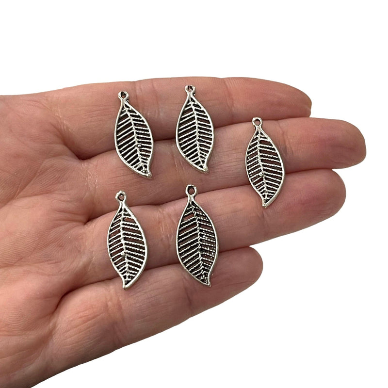 Antique Silver Plated Leaf Charms, 5 pcs in a pack