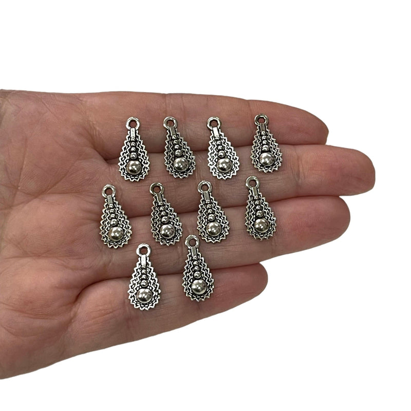 Antique Silver Plated Drop Charms, 10 pieces in a pack