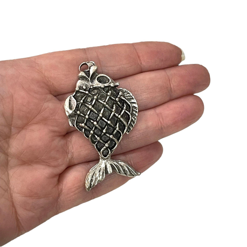 Antique Silver Plated Large Fish Pendant, 55mm Silver Fish Pendant