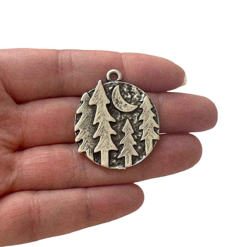 Antique Silver Plated Forest Moon Large Pendant