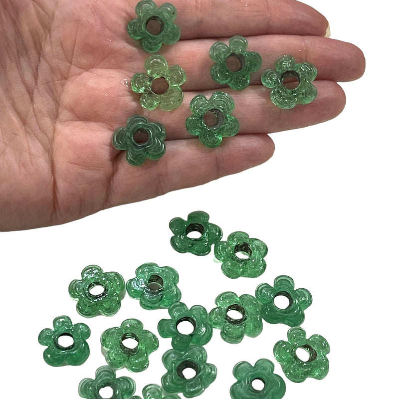 Hand Made Murano Glass Large Hole Tp. Green Flower Beads, 10 Beads in a pack