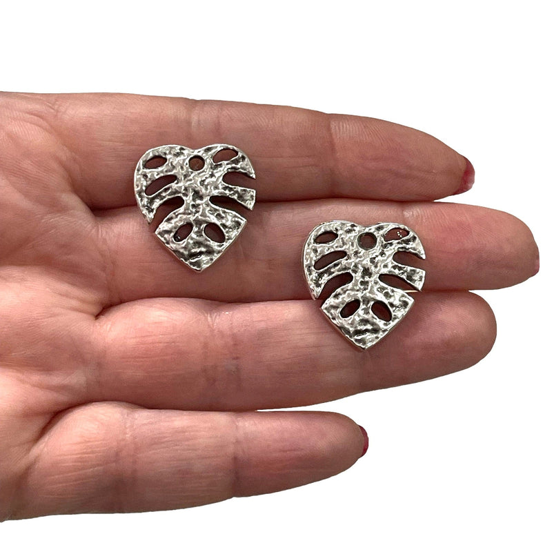 Antique Silver Plated Monstera Leaf Charms, 2 pcs in a pack