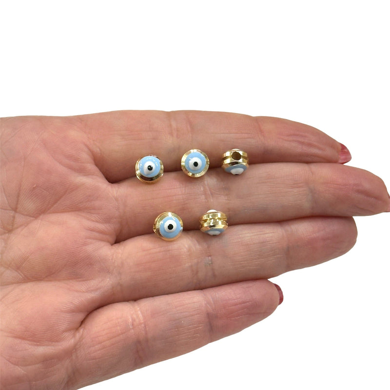 NEW!! 7mm 24K Gold Plated Baby Blue Evil Eye Beads, 7mm 24K Gold Plated Evil Eye Spacers, 5 Pcs in a Pack