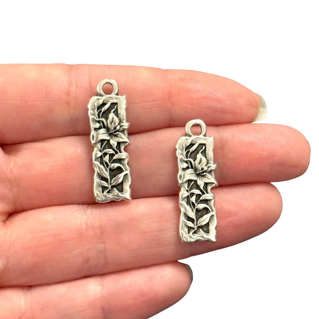 Antique Silver Plated Lily Flower Charms, 2 pcs in a pack