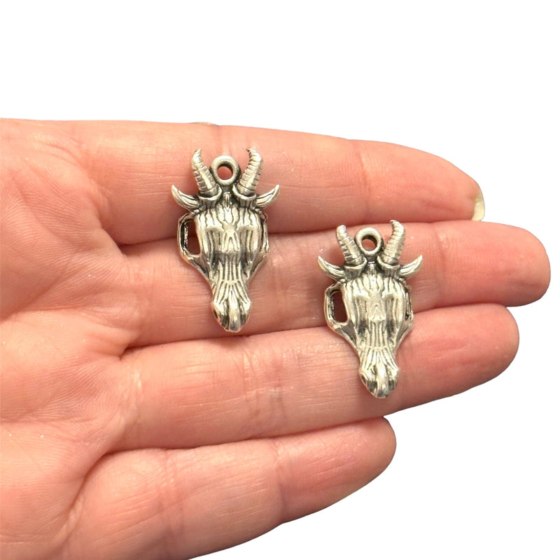 Antique Silver Plated Goat Skull Charms, 2 pcs in a pack