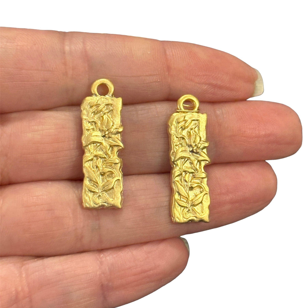 24Kt Gold Matte Gold Plated Lily Flower Charms – Textured Rectangle Pendant (29x10mm, 2 pcs)