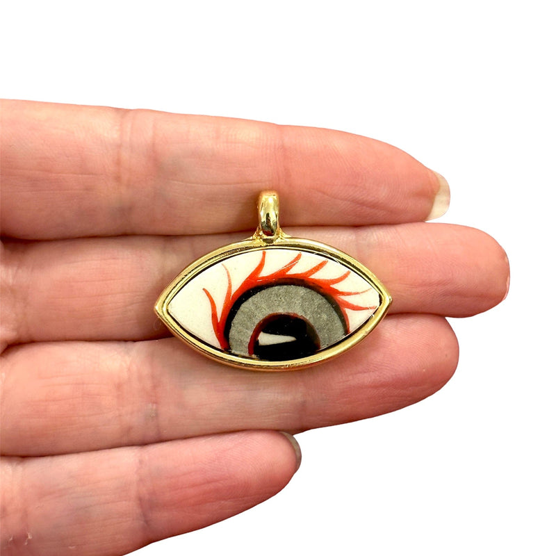 Pendentif oeil en céramique peint à la main et plaqué or 24 carats