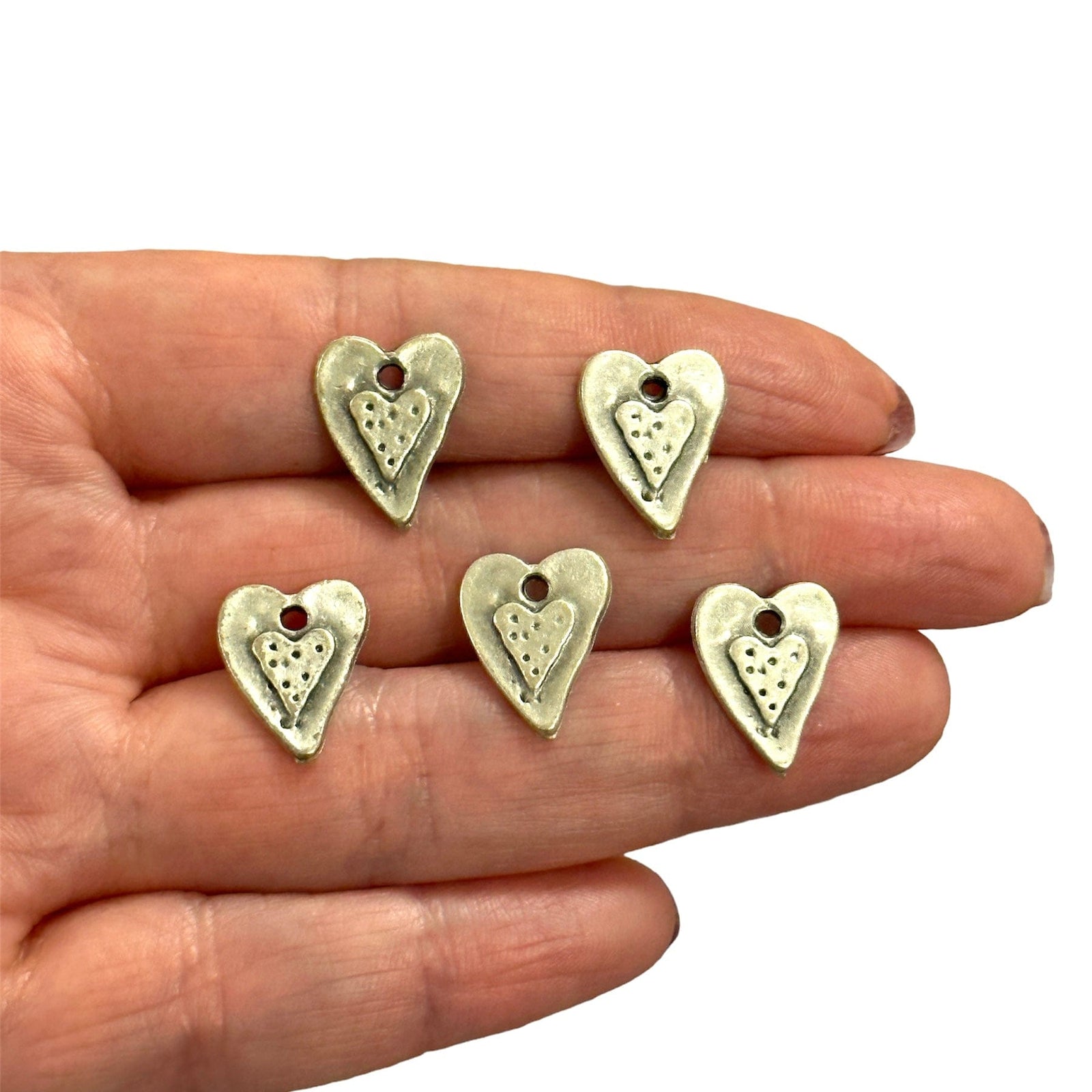Antique Silver Plated Heart Charms, 5 pcs in a pack
