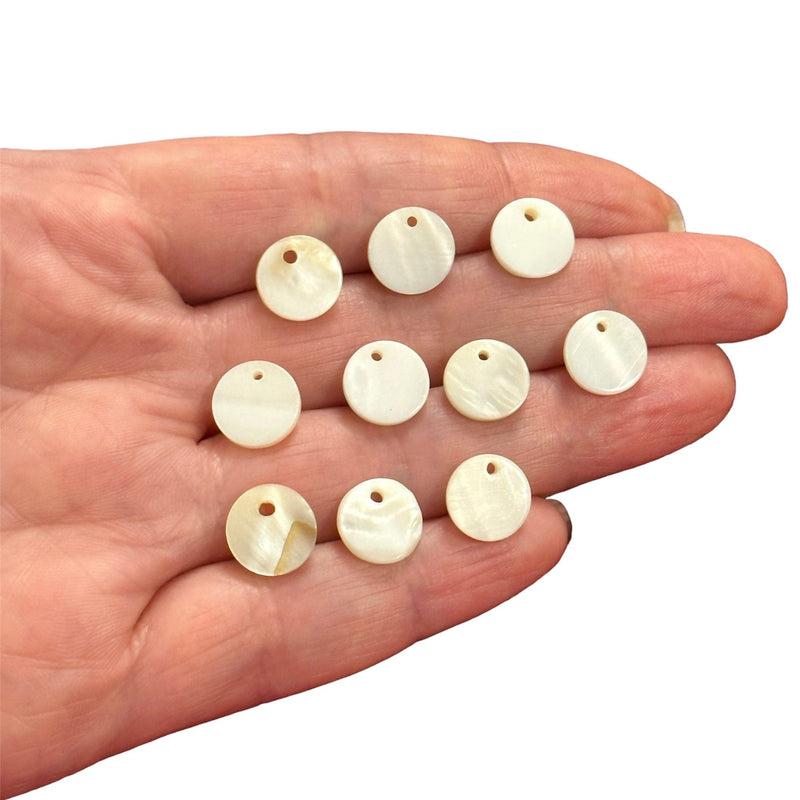 Mother of Pearl Flat Round Charms, Nacre Flat Round Charms, With Drilled Hole, 10 pieces in a pack
