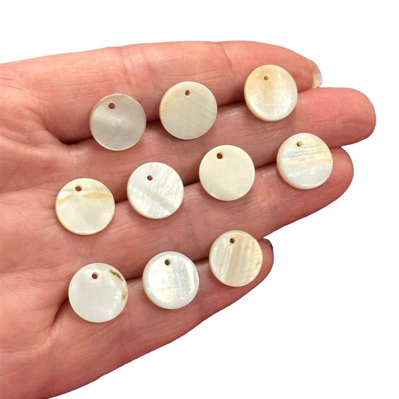 Mother of Pearl Flat Round Charms, Nacre Flat Round Charms, With Drilled Hole, 10 pieces in a pack