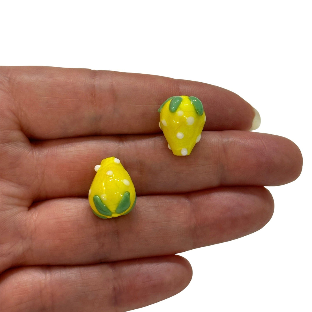 Hand Made Glass Yellow Strawberry Beads - 16x13mm, 2mm Hole, Pack of 2