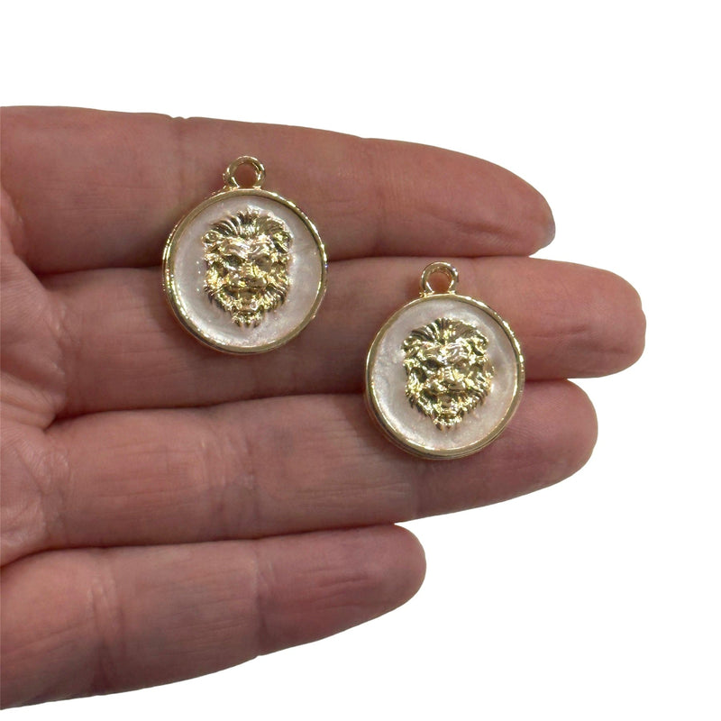 24Kt Gold Plated Ivory Enamelled Lion Head Charms, 2 Pcs in a pack
