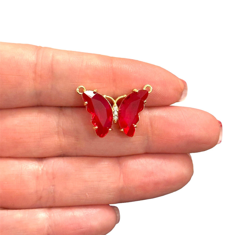 Charm maillon papillon CZ rouge en plaqué or 24 carats