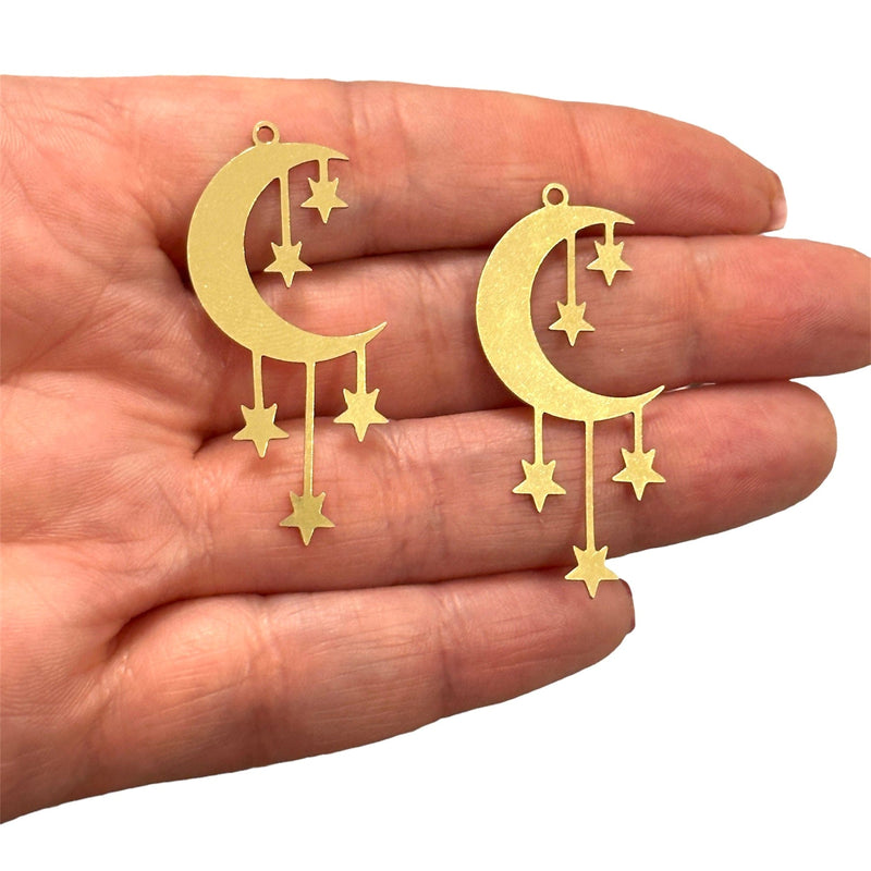 Raw Brass Crescent Moon and Stars Charms,Laser Cut Moon and Stars Charms, 2 pcs in a pack