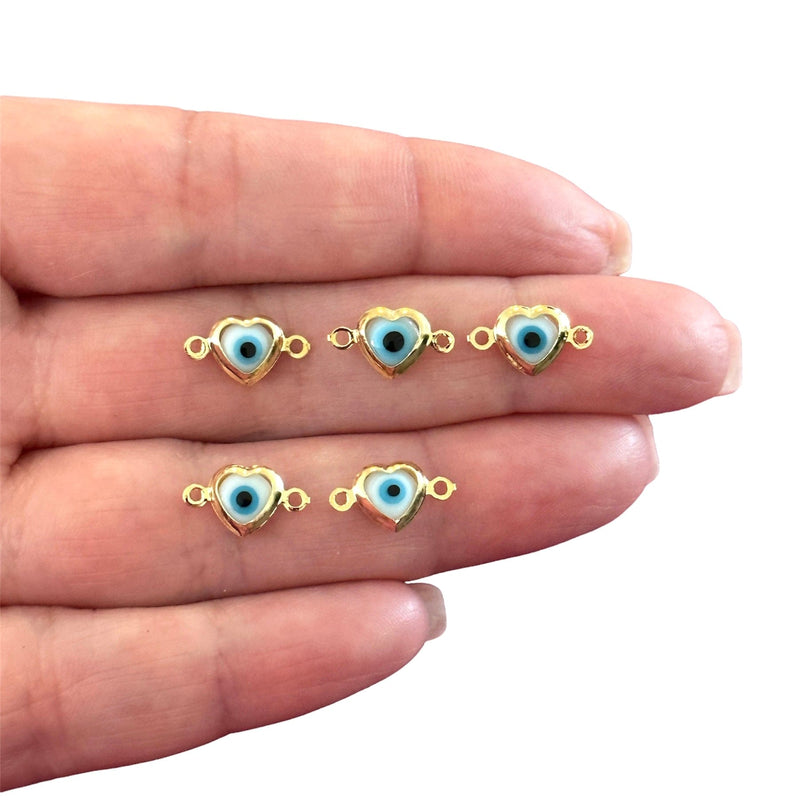 24Kt Gold Plated White Glass Evil Eye Heart Horizontal Connector Charms, 5 pcs in a pack