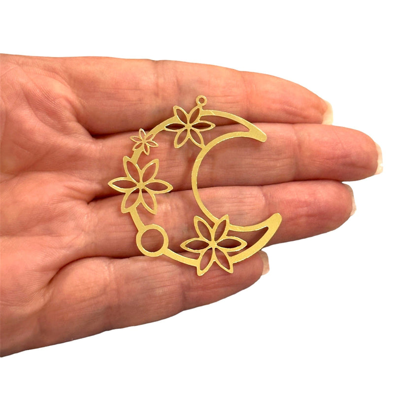 Raw Brass Crescent with Flower Charm, Laser Cut Crescent with Flower Charm