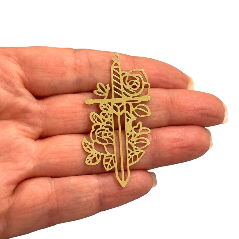 Raw Brass Sword with Flowers Charm, Laser Cut Sword with Flowers Charm