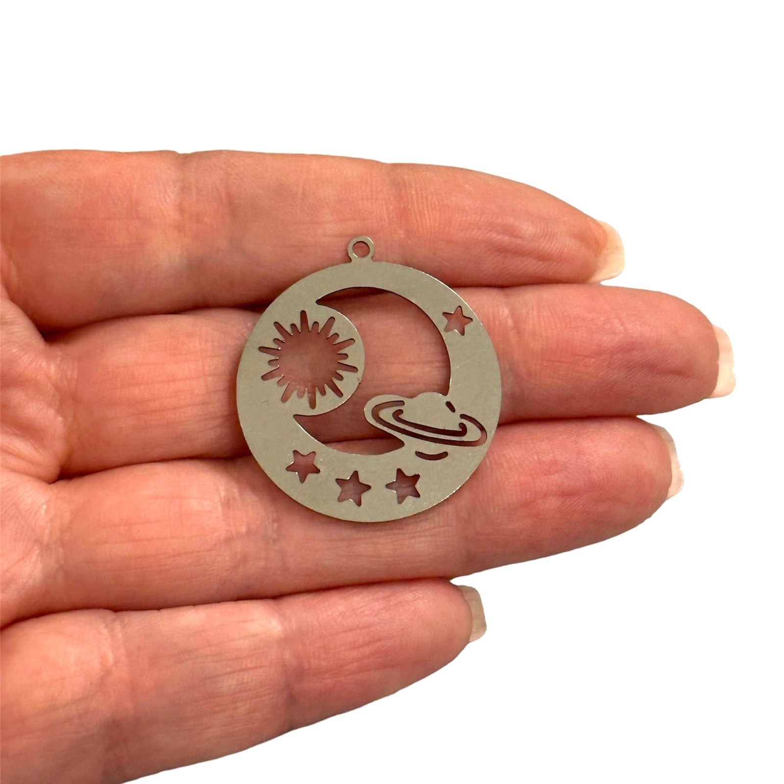 Stainless Steel Saturn Planet Moon Sun Stars Charm, Laser Cut Planet Charm