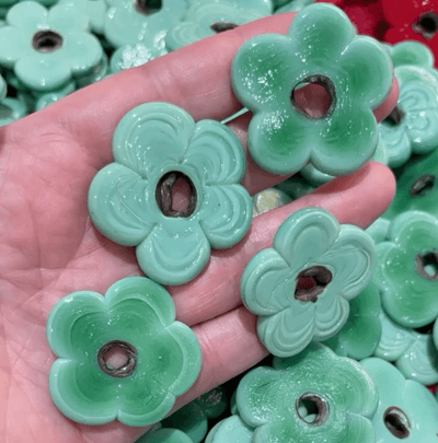 Artisan Handmade Chunky Seafoam Glass Flower Beads, Size Between 35 - 40mm, 2 pcs in a pack