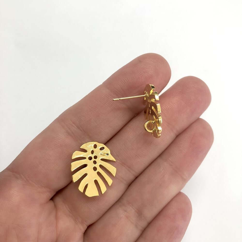 24Kt Gold Plated Brass Monstera Leaf Stud Earrings, 2 pcs in a pack,