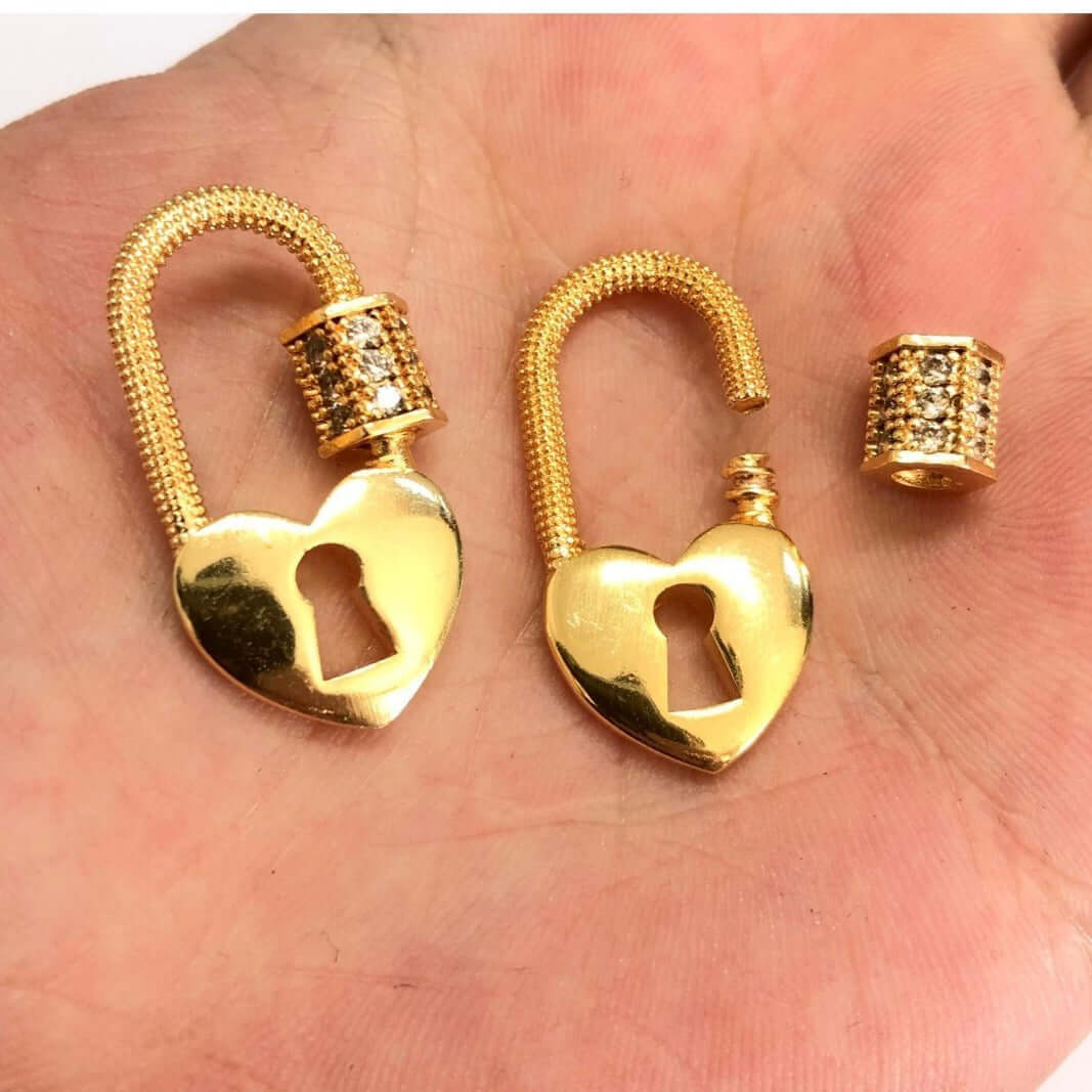 24Kt Gold Plated Brass Heart Lock Screw Clasp, Micro Pave Heart Lock Screw Clasp