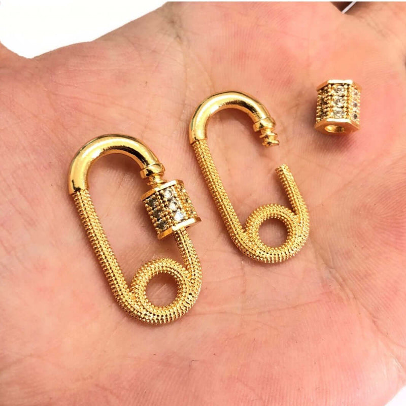 24Kt Gold Plated Brass Carabiner Clasp, Micro Pave Carabiner Screw Clasp£6