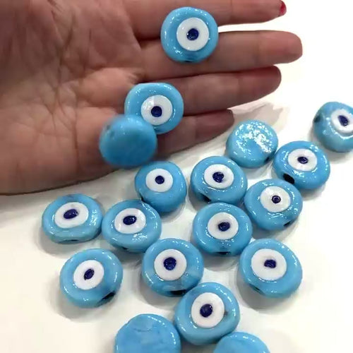 Traditional Turkish Artisan Handmade Glass Blue Evil Eye Beads, Large Hole Evil Eye Glass Beads, 10 Beads per pack