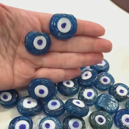 Traditional Turkish Artisan Handmade Glass Teal Blue Evil Eye Beads, Large Hole Evil Eye Glass Beads, 5 Beads per pack