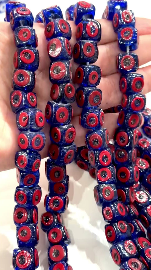 Traditional Turkish Artisan Handmade Cube Four Sided Evil Eye Glass Beads, Large Hole Glass Beads, 5 Beads in a pack
