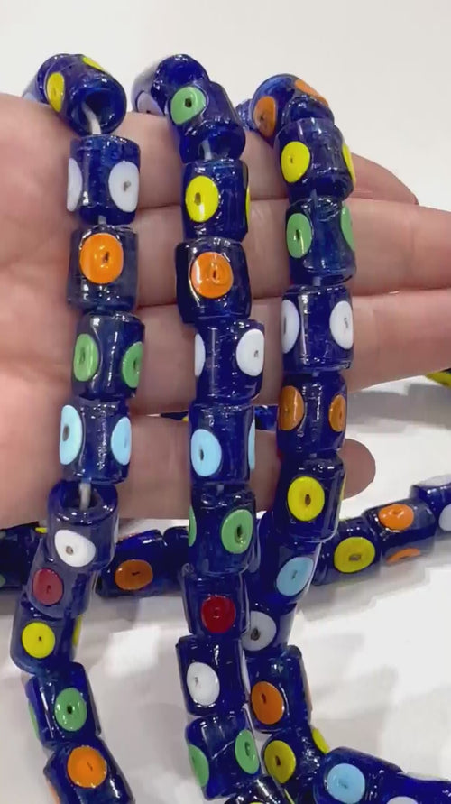 Traditional Turkish Artisan Handmade Chunky Cylinder Colorful Multicolored Glass Beads, Large Hole Glass Beads, 10 Beads in a pack