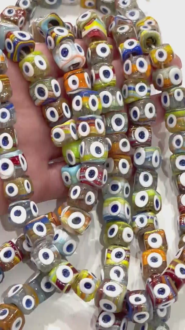 Traditional Turkish Artisan Handmade Cube Four Sided Evil Eye Glass Beads, Large Hole Glass Beads, 5 Beads in a pack