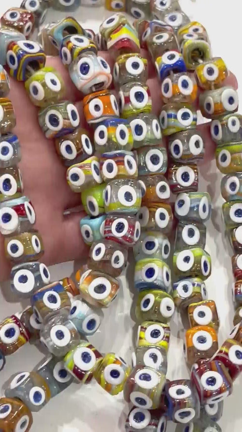 Traditional Turkish Artisan Handmade Cube Four Sided Evil Eye Glass Beads, Large Hole Glass Beads, 5 Beads in a pack