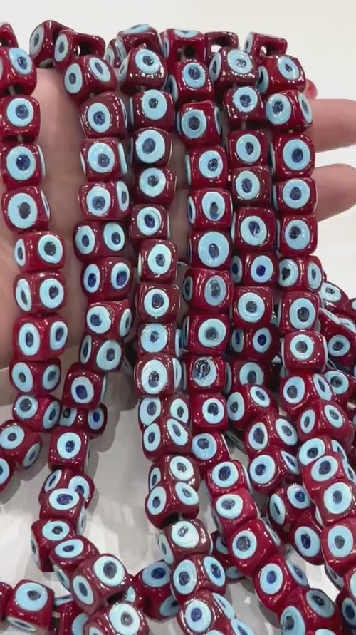 Traditional Turkish Artisan Handmade Cube Four Sided Evil Eye Glass Beads, Large Hole Glass Beads, 5 Beads in a pack
