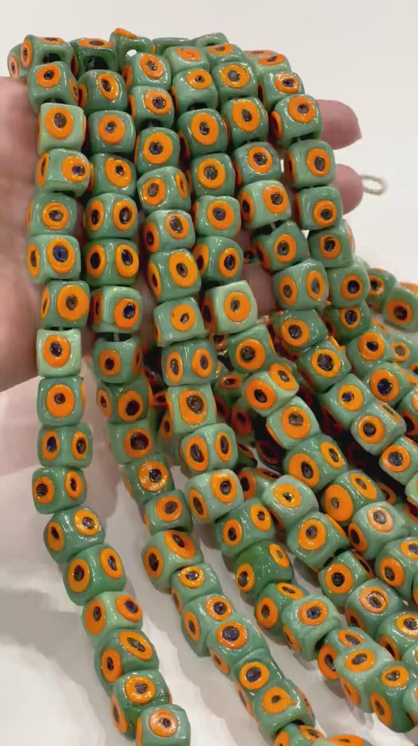 Traditional Turkish Artisan Handmade Cube Four Sided Evil Eye Glass Beads, Large Hole Glass Beads, 5 Beads in a pack