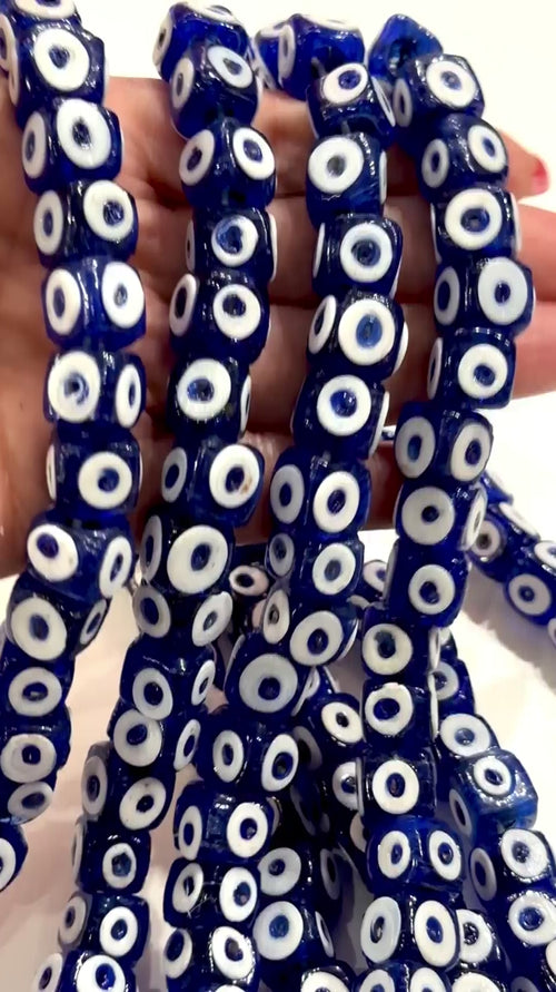 Traditional Turkish Artisan Handmade Cube Four Sided Evil Eye Glass Beads, Large Hole Glass Beads, 5 Beads in a pack
