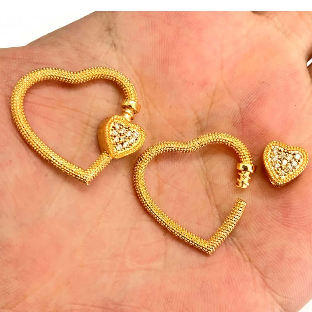 24Kt Gold Plated Brass Heart Screw Clasp, Micro Pave Heart Screw Clasp