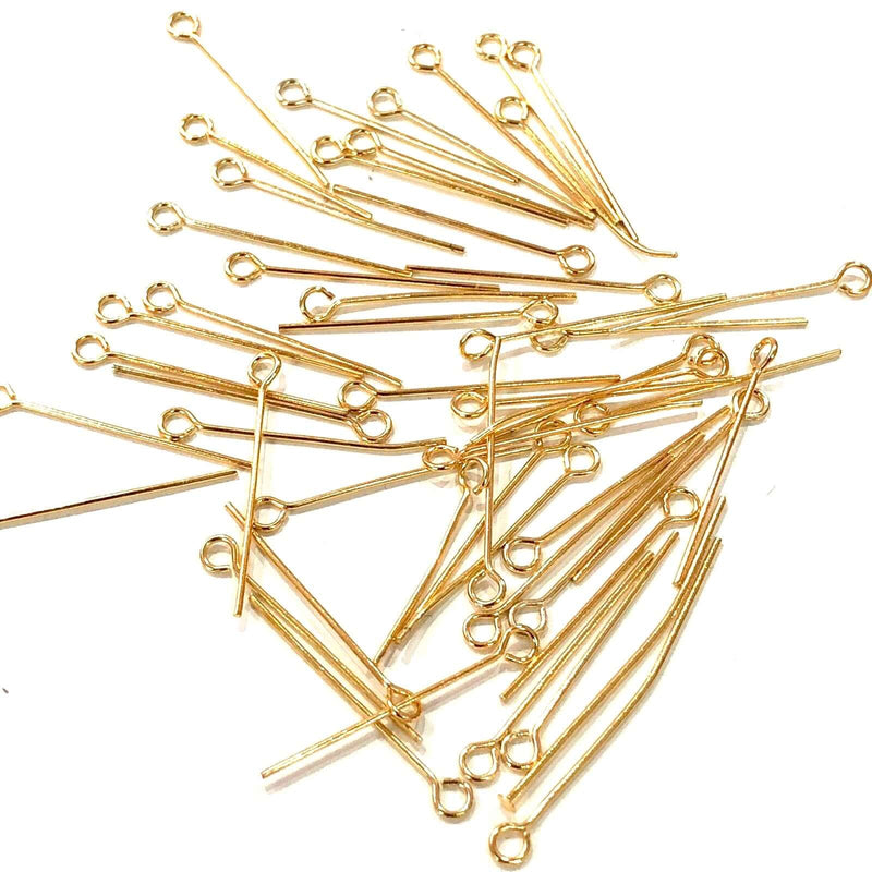 60mm 22Kt Gold Plated Brass Eyepins, 0.8mm by 60mm, 60mm Brass  EyePins