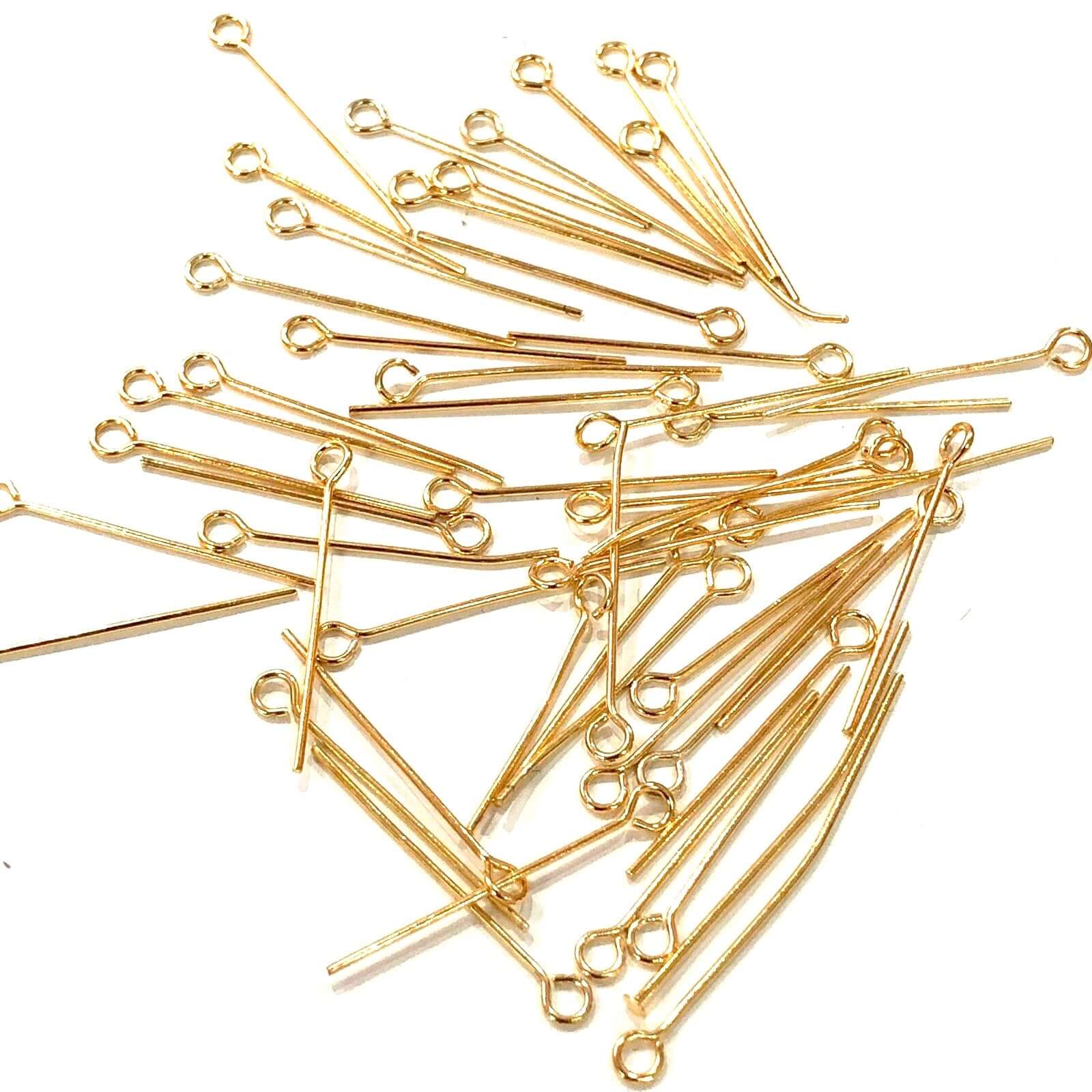 30mm 22Kt Gold Plated Brass Eyepins, 0.8mm by 30mm, 30mm Brass EyePins