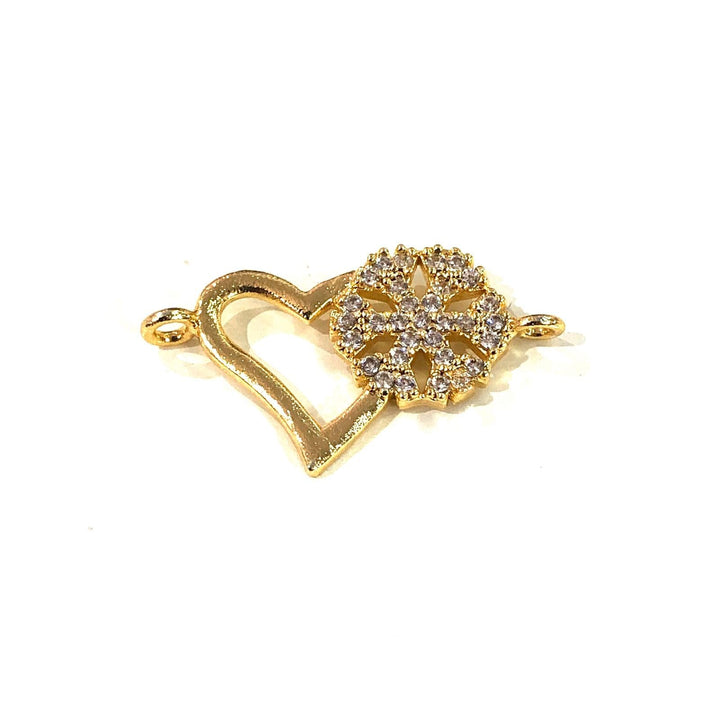 Heart&amp;Snowflake Double Loop Gold Plated Charms, Bracelet Charms, Connector Charms