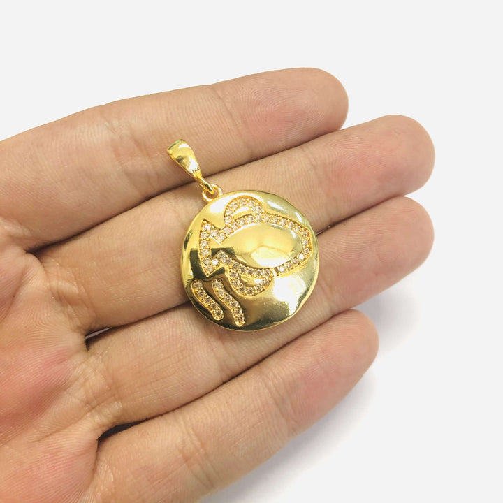 24Kt Gold Plated Brass Zirconia Zodiac Horoscope Sign, Constellation Medallion Pendant, Celestial Astrology Charm for Necklace